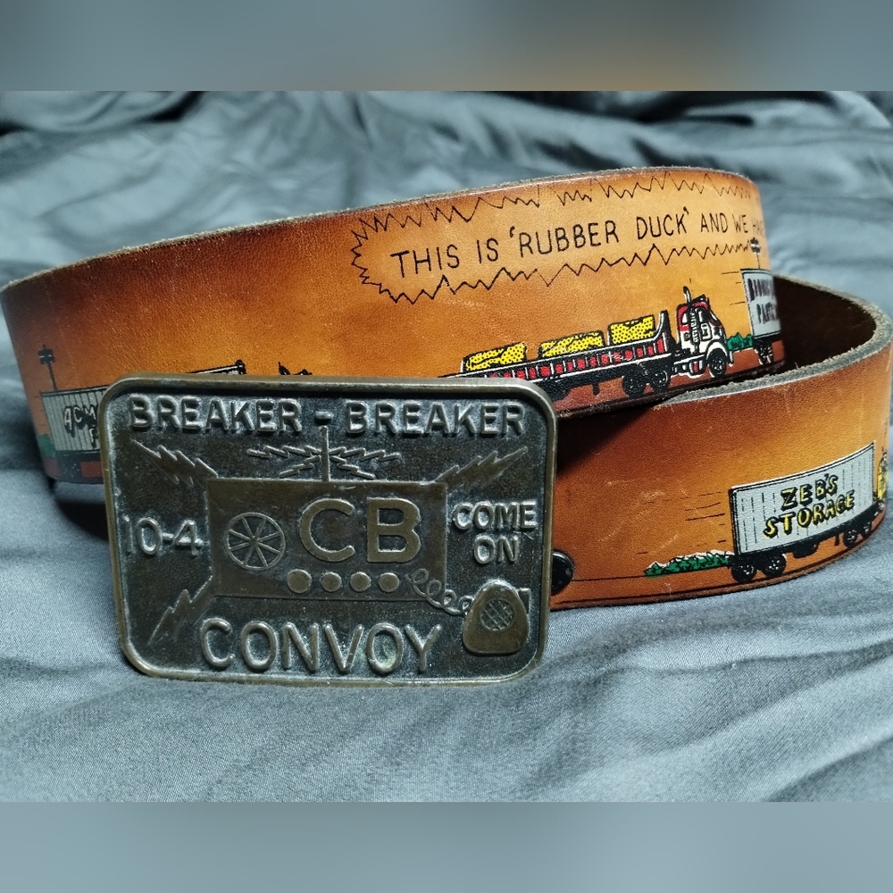 Vintage Painted Leather Belt with Buckle Convoy Trucker Theme